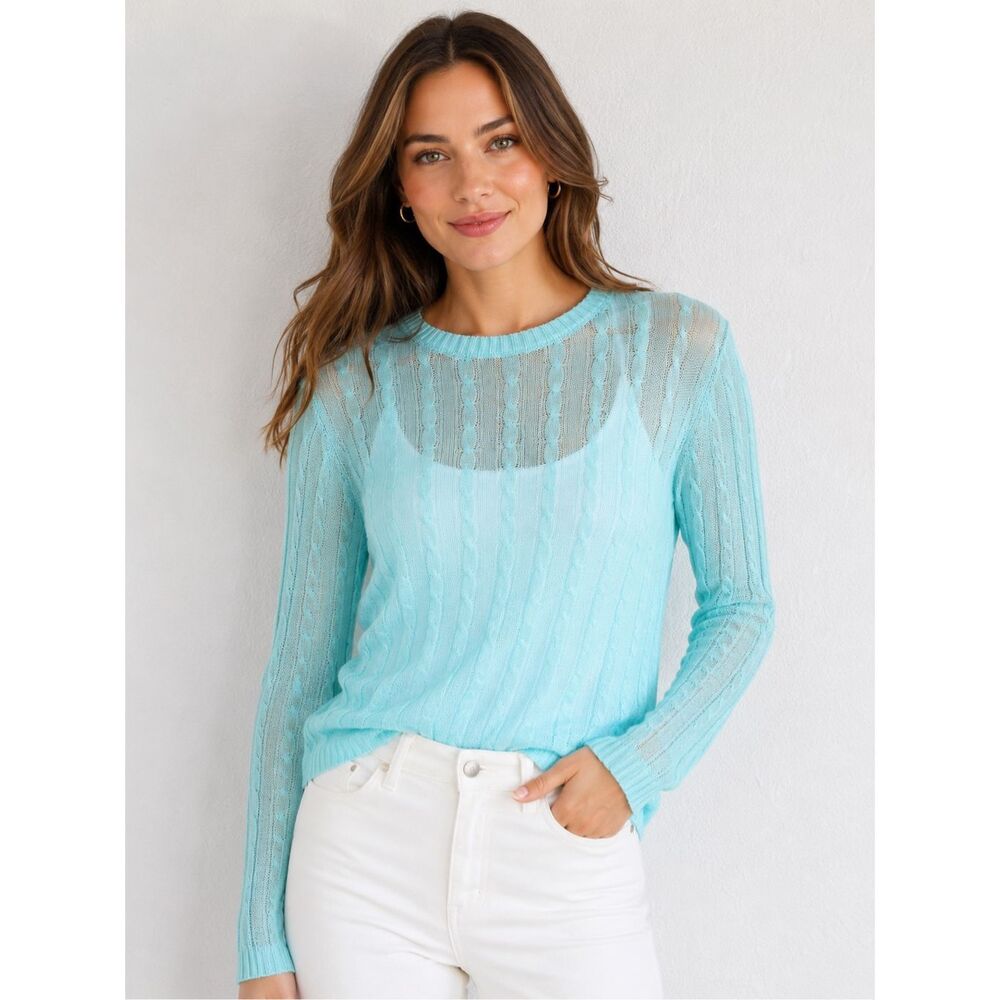 J.McLaughlin Crewneck Sheer Cable Knit Sweater in Aqua Size M